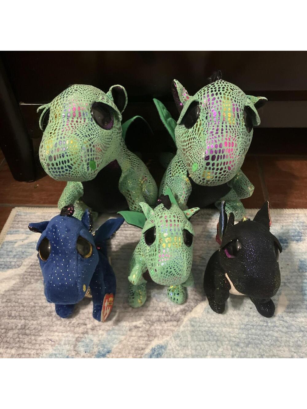 Beannie Boos Lot Of 5. 2 Large 3 Green & 3 Small , Blue, Green & Black Dragons